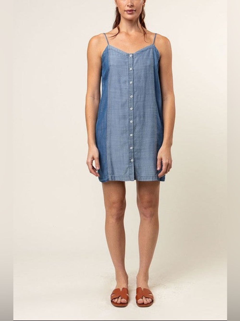 1250C Blue Chambray Button-Front Slip Dress
Size Small